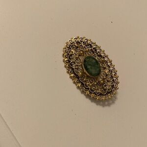 Elegant Gold and Green Filigree Brooch